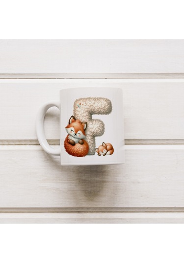 F Harfi Tasarım Bardak, Sevimli Hayvan Temalı Harf Bardağı Beyaz