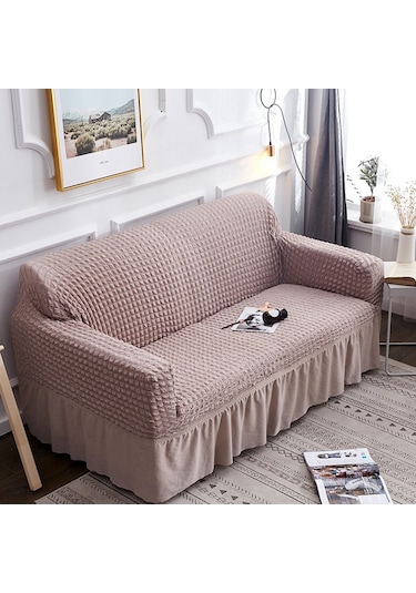 Oturma Odası Streç Tam Kapatma Etek Tarzı Kanepe Kılıfı, Beden: Çift Kişilik M 145-185cm Tek Renk Bej Bej