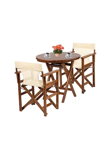 Yönetmen Katlanır Ahşap Bahçe Balkon Seti: 90lık Masa +2 Sandalye Kahverengi