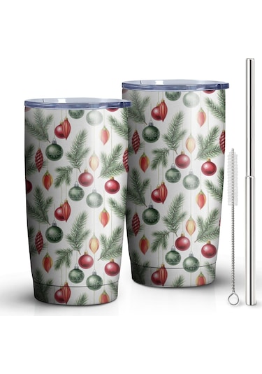 20oz Noel Desenli Seyahat Kahve Termosu, Kapaklı Paslanmaz Çelik Noel Süs Eşyası Çam Ağacı