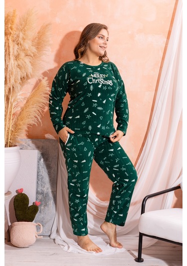 Nisanca Büyük Beden Peluş Polar Pijama Takımı- Kışlık Büyük Beden Kadın Pijama Haki