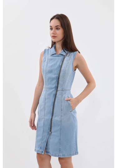 Kadın Açık Mavi Fermuarlı Jean Elbise Açık Mavi