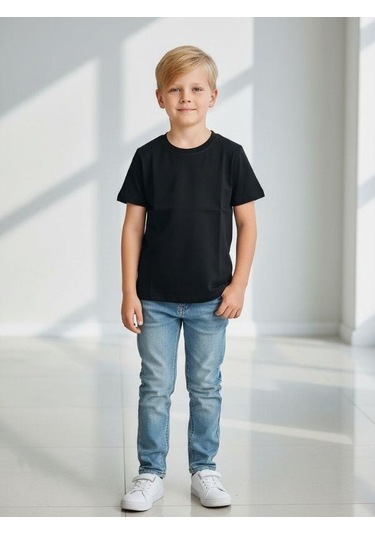 Zekids Çocuk Pamuklu Basic Yuvarlak Yaka T-shirt-16714 SIYAH