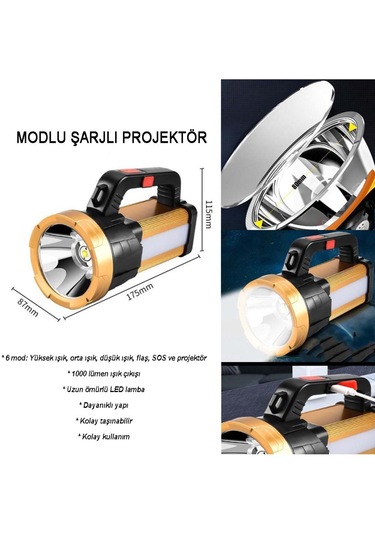 Watton Wt-615 6 Mod Şarjlı El Feneri Projektör Tipi Siyah