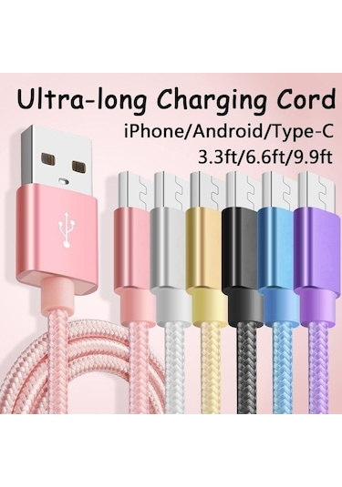 Süper Uzun 1M/2M/3M Hızlı Usb Şarj Kablosu 3 M For Android Gümüş