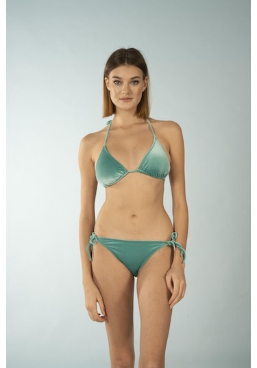 Estiva Parlak Üçgen İpli Bikini Takımı - Yeşil Kadife Çok Renkli
