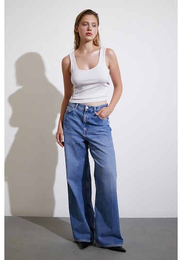 Never More Yüksek Bel Baggy Jean Mavi