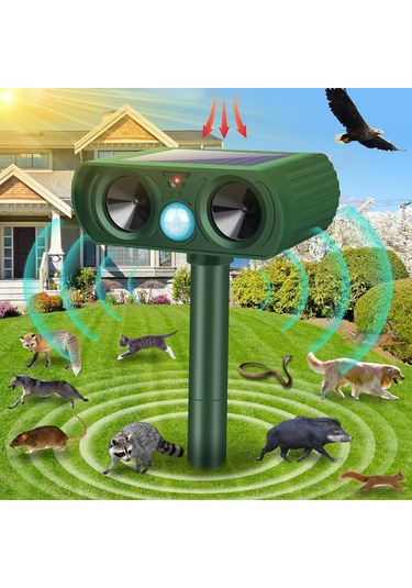 Gajeena Güneş Enerjili Ultrasonik Hayvan Kovucu, Yeşil Renk, 8m Etki Mesafesi, 110 Algılama Açı, Ipx4 Su Geçirmez, Sıçan-kedi-köpek-yılan Kovucu