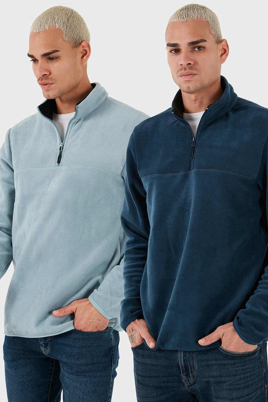 Buratti Regular Fit Anti-Pilling Tüylenme Yapmayan Dik Yaka Şardonlu 2'Li Paket Erkek Polar 5896700S2 Indigo-Mint