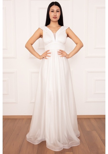 Kalopya Simli Tül Uzun Abiye Elbise 13280 Ekru