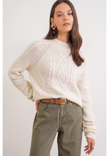 6855 Kadın Dik Yaka Saç Örgülü Triko Kazak Krem Krem