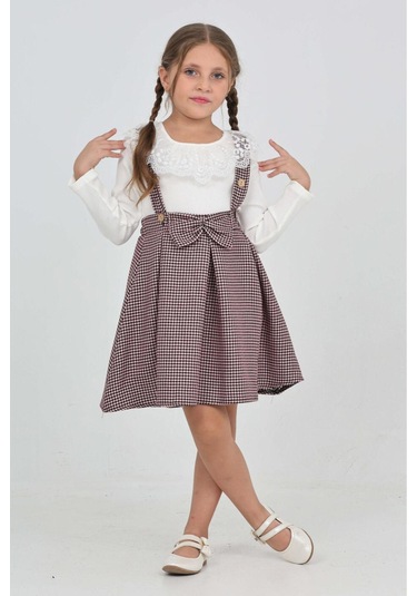 Kız Çocuk Dantel Yakalı Salopet Askılı Kazayağı Desenli 2'li Elbise 12304 Koyu Pembe