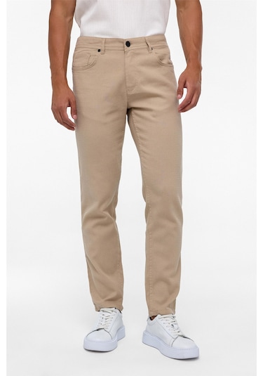 Süvari Bej Slim Fit 5 Cep Kalıp Armürlü Kanvas Pantolon-35413 Bej