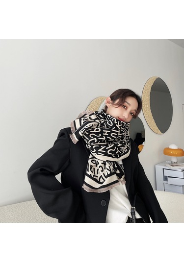 Padalink Kadınlar İçin Kışlık Çift Taraflı Pashmina Atkı - Kalın仿kashmir Desenli Eşofman Atkı Poyraz - V1101 Siyah