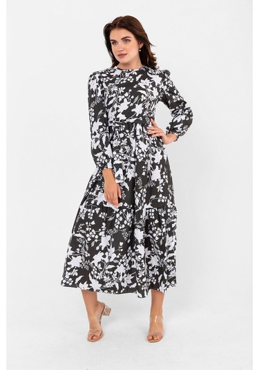 Yaprak Desenli Renkli Pamuklu Yazlık Baharlık Kuşaklı Elbise 2101 Siyah