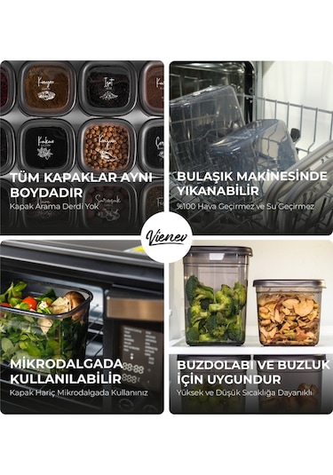 Vienev 24'lü Beyaz Serigrafi Etiketli Peggy Kare Erzak Ve Baharat Full Set 6x 1,75 1,2, 0,55, 0,45 Ant Şeffaf