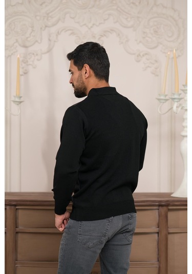 Woolen World Polo Yaka Cepli Armürlü Yünlü Erkek Triko Kazak Siyah