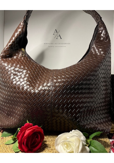 Trendlerin Vazgeçilmezi Örgü Hobo Çanta Serisi Koyu Kahverengi