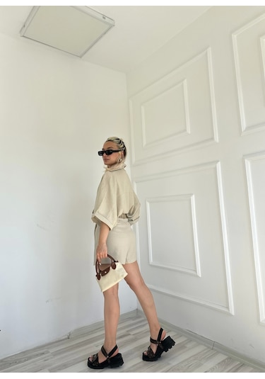 Keymoda Kadın Gömlek Şort Keten Takım Taş Rengi Taş Rengi