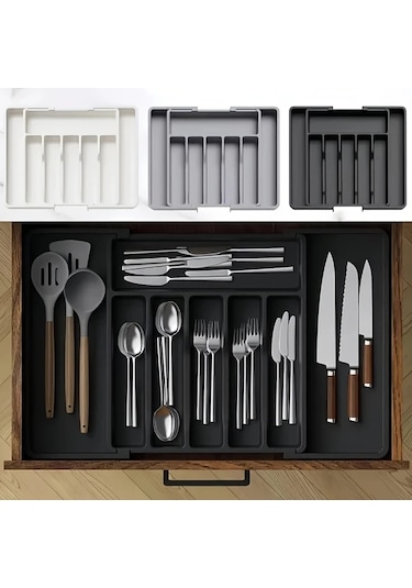 Honeybeeshop Gri Çatal Bıçak Düzenleyici Geri Çekilebilir Genişletilebilir Büyük Kapasiteli Mutfak Saklama Kutusu Çekmece Dolap İçin Gri