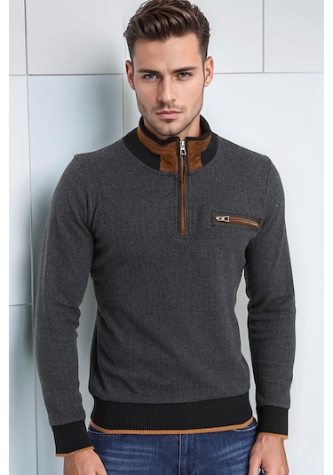 9039 Dewberry Erkek Sweatshırt-desenli Antrasit Desenli Antrasit