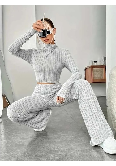 Kadın Uzun Kollu Balıkçı Yaka Krop Ve Pantolon Şardonlu Kaşkorse Ikili Takım Gri