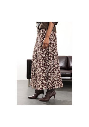 Kahverengi Kemer Detaylı Çiçekli Şifon Etek 0651 Kahverengi