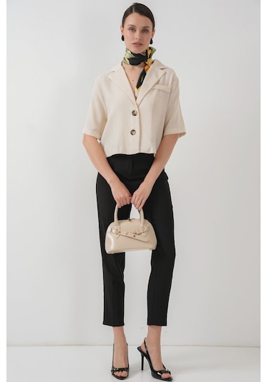 0706 Crop Keten Ceket - M. Krem Krem