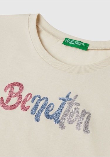 Kız Çocuk Krem Simli Logo Baskılı T-shirt Bej