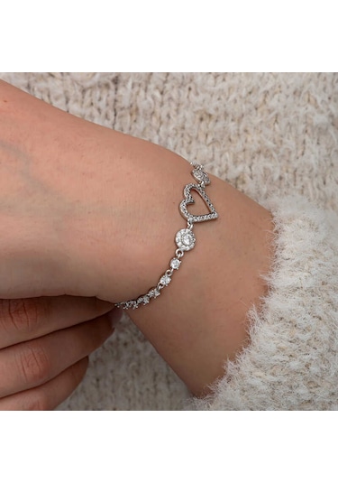 Artsmagazinmücevher Gümüş Zirkon Taşlı Kalpli Kadın Bileklik