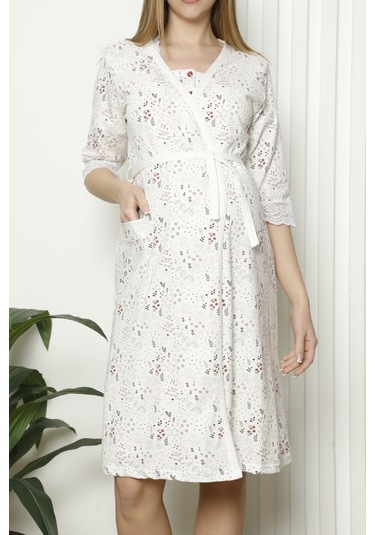 Hamile Sabahlık Tunik Gecelik İkili Takım Likralı Beyaz