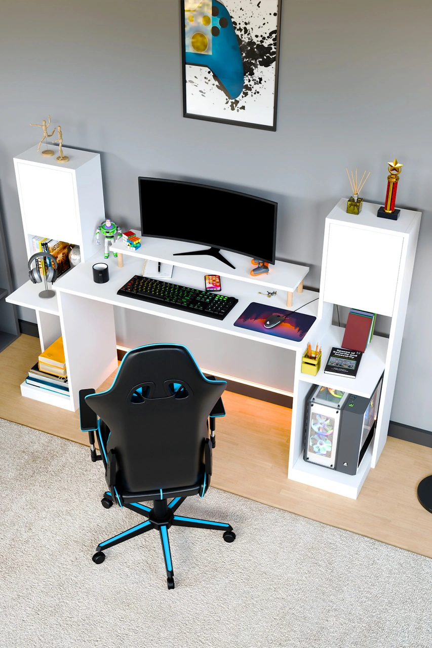 Throne Dolaplı, Kitaplıklı, Raflı Çalışma Masası, Bilgisayar Masası, Çocuk Çalışma Masası Beyaz Beyaz