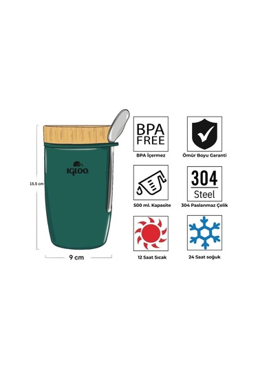 Çelik Yemek Termos - Igloo - Bamboo - 500 Ml - Yeşil - 205789 Diğer