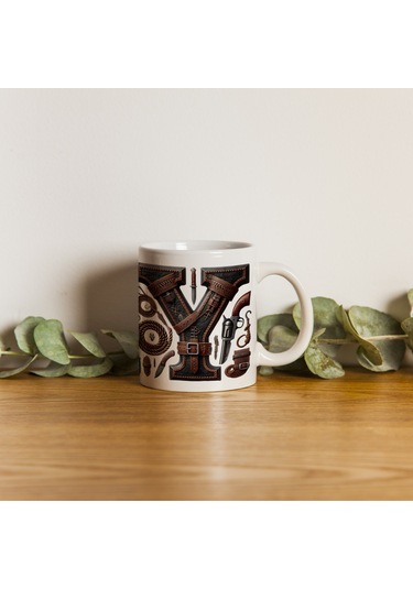 Y Harfi Kovboy Temalı Bardak 330 Ml İsim / Harf Kişiye Özel Hediye - Vahşi Batı Konsept Beyaz