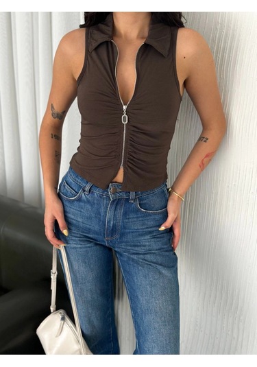 Yakalı Tam Fermuarlı Kolsuz Bluz - Kahverengi Siyah