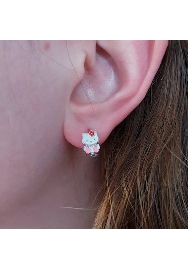 Magrib Pembe Renk Hello Kitty Model Gümüş Çocuk Küpesi