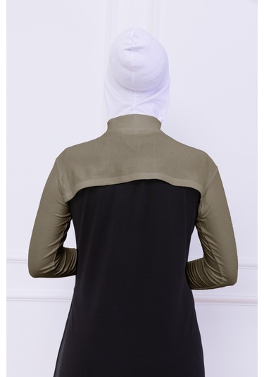 Balıkçı Yaka Boyunluklu Kolluk Açık Yeşil - Likralı Dik Yakalı Kadın Body Tesettür Crop Bolero Açık Yeşil