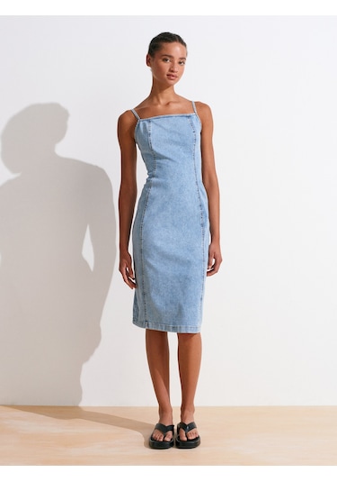 Dilvin 90563 Power Likra Ortaboy Denim Elbise-mavi Mavi
