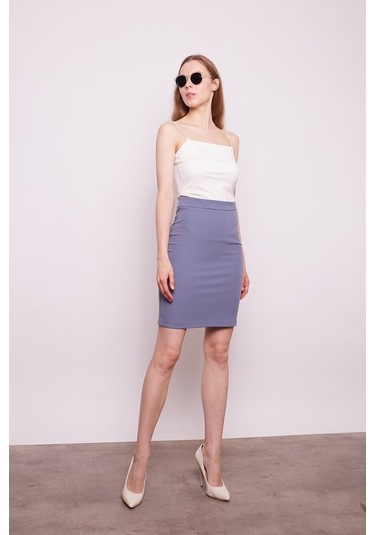 Yüksek Bel Diz Üstü Likralı Pamuklu Şık Kumaş Kalem Etek-Koyu Mav