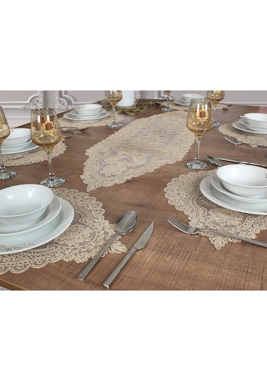 Amerikan Servis Supla ve Runner Seti 6 Kişilik Set Valonia Bej Çok Renkli