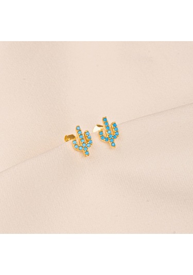 Altın Küpe - 14 Ayar Altın Minimal Kaktüs Modelli Firuze Turkuaz Taşlı Küpe Sarı