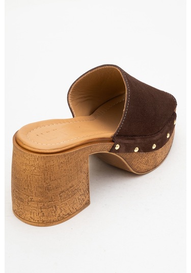 Pull Kahverengi Süet Hakiki Deri Kadın Platform Topuklu Terlik Kahverengi