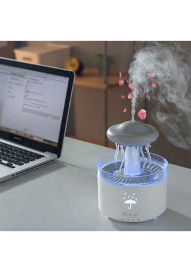 Motion003 Beyaz Denizanası Modeli Yağmur Damlası Aroma Difüzörü 7 Renkli Gece Işığı 3 Hızlı Zamanlayıcı Ev Ofis İçin