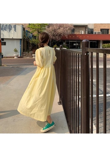 Kadın Uzun Elbise Yaz Rahat O-boyun Puf Kollu Büyük Boy Noktalar Zarif Kadın Elbisesi Bayanlar Gevşek Vestidos Femme Sarı