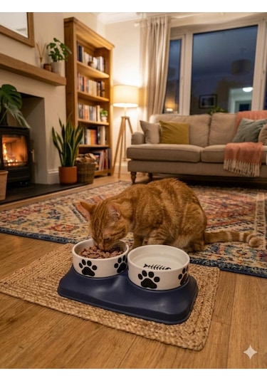 Premium Yükseltilmiş İkili Seramik Kedi Mama Ve Su Kabı