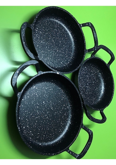 Ultra Lüx 3’lü Set Döküm Siyah Granit Sahan Tava 22cm-20cm-18cm
