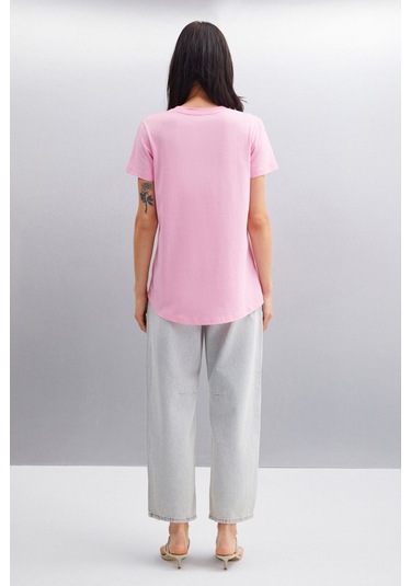 GRIMELANGE Samantha Kadın %100 Organik Pamuklu Comfort Fit Arkası Uzun Basic Örme Pembe T-shirt Pembe