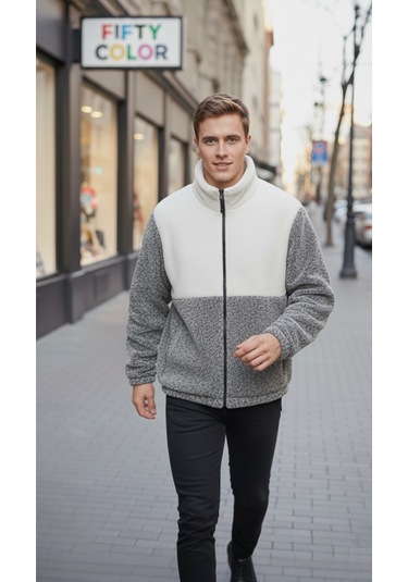 Premium Kalite Renk Bloklu, Fermuarlı, Dik Yaka, Sherpa, Polar, Peluş Ceket Gri - Beyaz