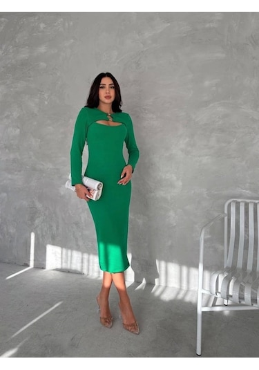 Kadın Uzun Kollu Halka Ve Pencere Dekolte Detay Fırsat Ürün Midi Boy Elbise Yeşil