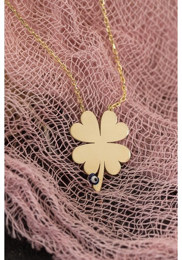 Moom Mücevherat Kadın Göz Boncuklu Yonca Kolye 14 Ayar Altın